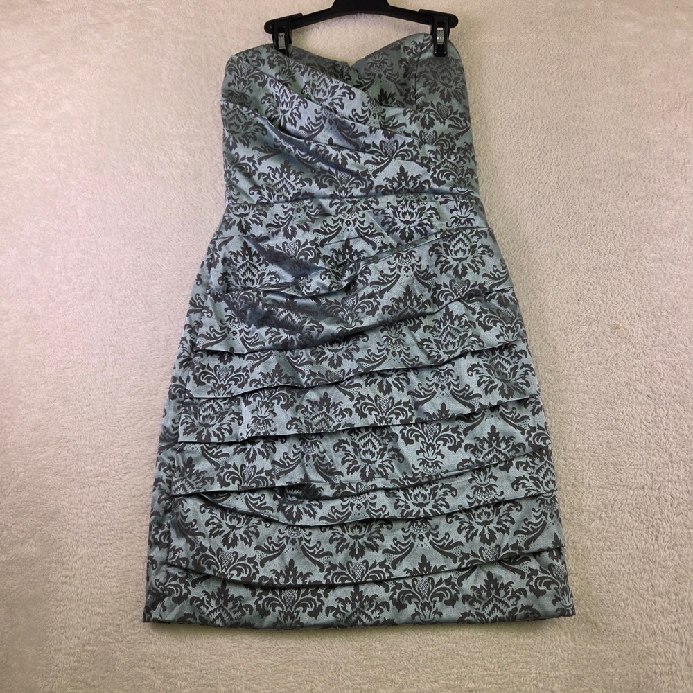 Speechless Strapless Damask Tiered Ruffle Mini Dress Blue Black Metallic Size 7
